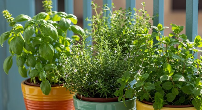 Lush herb garden with basil, rosemary, mint, and thyme in vibrant pots on a sunny balcony