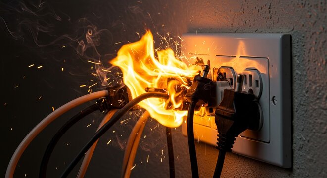 Electrical fire hazard from overloaded power outlet with sparks and flames