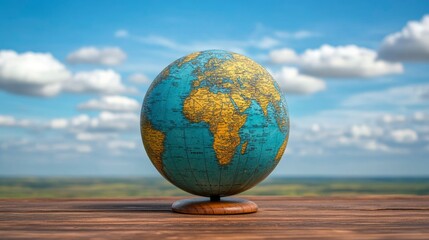 Vintage Globe on Wooden Table Against Cloudy Sky Background