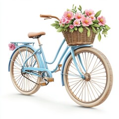 Romantic bicycle with a flower-filled basket, perfect for spring rides, isolated on white