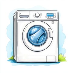 Modern Washing Machine Design with Blue Drum and Cartoon Style Illustration for Home Appliance Use