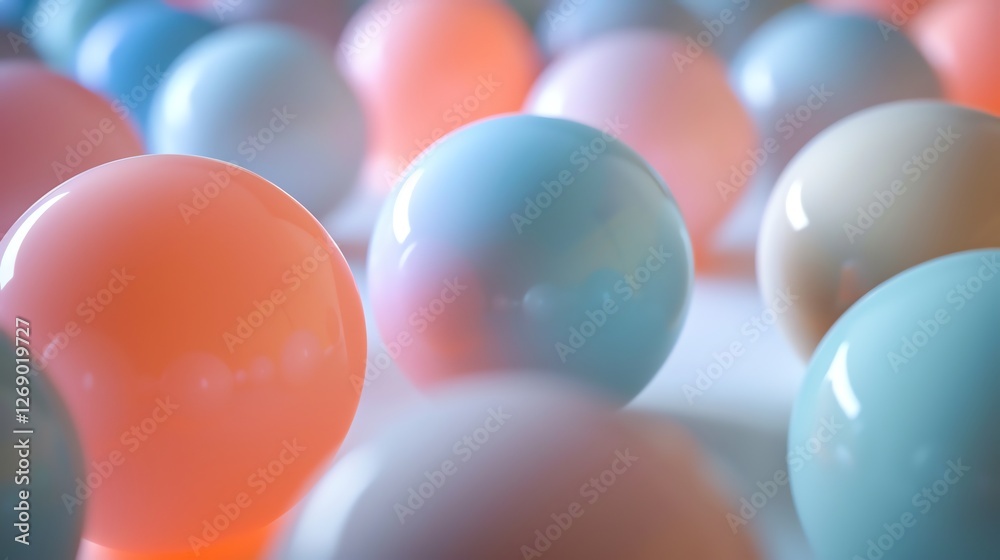 Wall mural 3d rendering of a bunch of pastel colored spheres with a glossy surface. the spheres are of differen