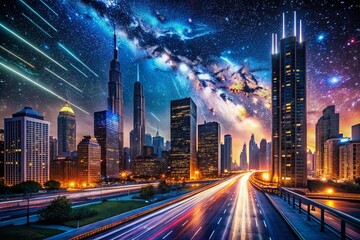 Obraz premium Magical City Nightscape with Falling Stars - Astrophotography Stock Photo