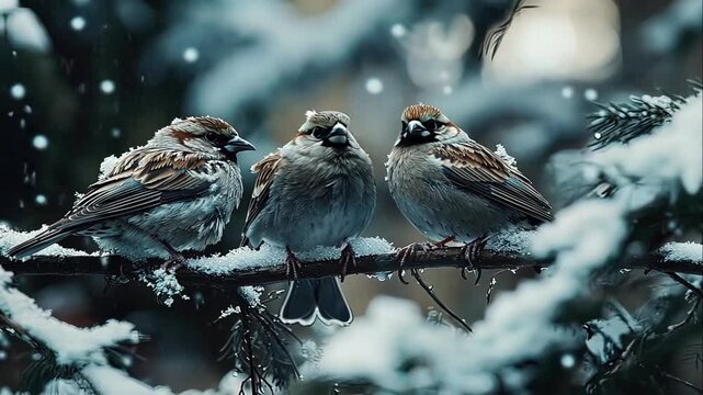 Three sparrows perched on a snow-covered branch in winter. (1)