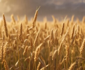 Fototapeta premium Field of golden wheat with soft focus background, depth of field, beautiful, grain