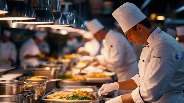 Busy kitchen scene with chefs preparing gourmet dishes in a professional restaurant setting