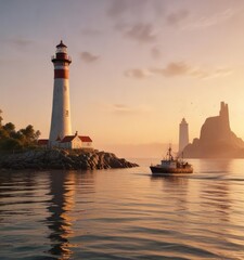 Fishing vessel near a tall lighthouse during golden hour, sunset, sailboat