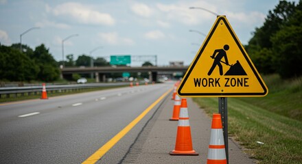 Road construction work zone with traffic safety cones on highway
