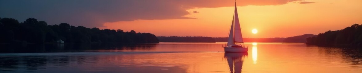 Naklejka premium Silvery sailboat glides effortlessly down river at dusk, serene river, sunset, calm water