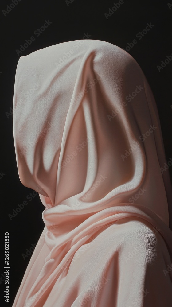 Poster A soft-toned figure in a delicate fabric appears calm and introspective, blending seamlessly into the shadowy background, inviting contemplation and serenity