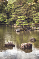 Beautiful scenic Japanese garden with a large pond on the grounds of Kinkaku-ji Temple located in Arashiyama, Kyoto.