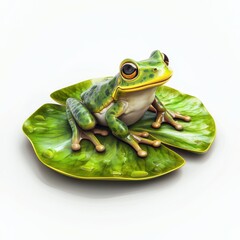 Tiny frog sitting on a fresh lily pad isolated on white