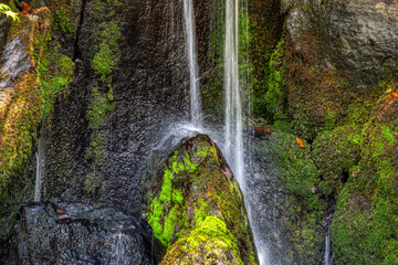 Small waterfall on the grounds of Rokuon-ji Kinkakuji (Golden Pavilion) Zen temple. in Kyoto Japan