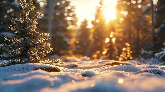 Winter sunrise in snowy forest with small pine tree.
