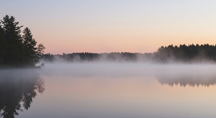 Fototapeta premium Tranquil misty lake at sunrise surrounded by forest trees reflecting in calm water