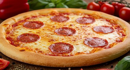 Delicious pepperoni pizza with fresh ingredients and spices on rustic table