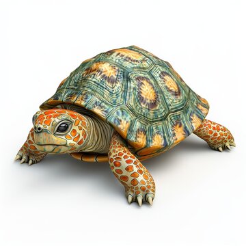Tiny turtle with a patterned shell, isolated on white