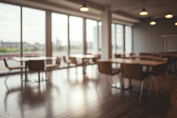 Fototapeta premium Bright, modern interior of an empty dining area with wooden tables, chairs, and large windows offering views of the city.