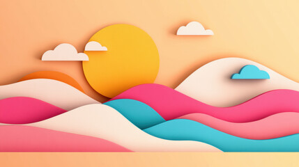 Colorful paper landscape with sun and clouds