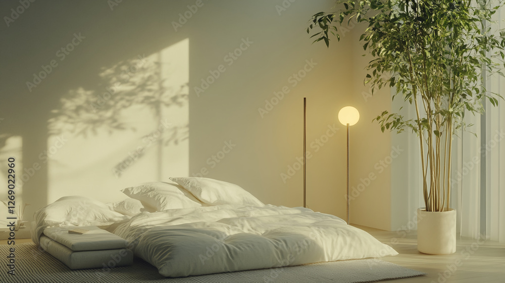 Poster minimalistic bedroom with soft white bedding, a decorative indoor plant, and a modern round lamp, cr