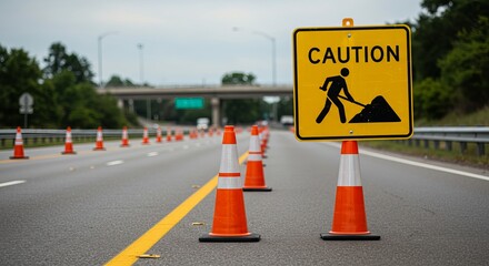Road construction caution sign and traffic cones on highway indicating work zone safety and reduced speed