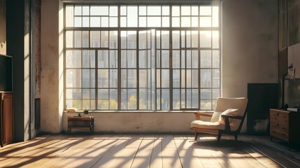 Sunlit room with a vintage chair beside a large window, showcasing urban scenery outside