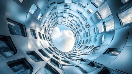 Fototapeta premium Modern building, spiral atrium, sky view, architectural design, business concept