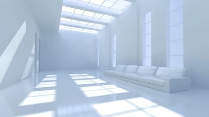 Fototapeta premium Modern Minimalist White Interior Design: Sunlit Room with Luxurious Sofa