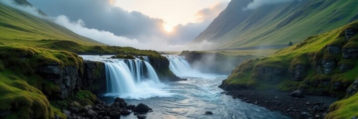 Fototapeta premium Misty morning waterfalls in Scottish mountains, peaceful, natural