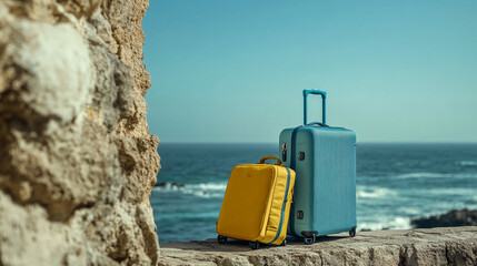 Two colorful suitcases, a yellow small bag and a blue large suitcase, placed on a stone wall near the ocean, representing travel and adventure with a scenic coastal background.