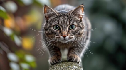 Obraz premium Charming Gray Tabby Cat with Green Eyes in Outdoor Garden Setting