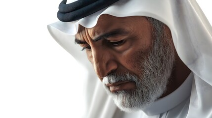 Elderly Arab man in traditional white headwear isolated on white background, senior Middle Eastern male with gray beard, pensive Muslim gentleman in authentic cultural attire, dignified portrait