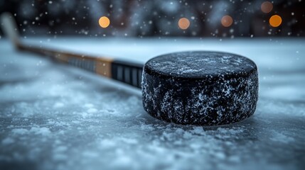 Hockey puck and stick on ice, winter sports action close-up, frozen and textured, perfect for sports themes, competitions and cold weather designs.