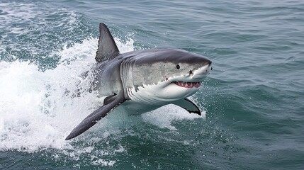 Fototapeta premium A great white shark emerging from the depths, powerful presence