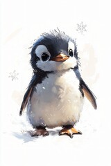Naklejka premium an adorable baby penguin stands, depicted in a painterly style with snowflakes in the background.