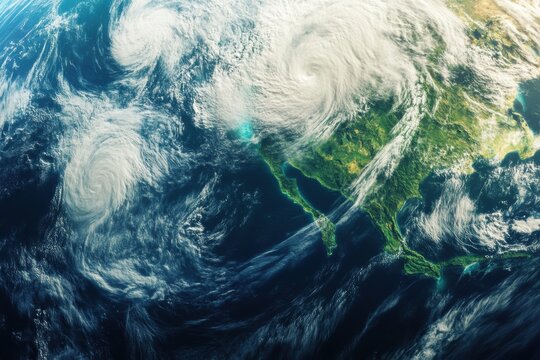 Hurricanes forming over the Pacific Ocean near the west coast of North America in summer weather patterns. Generative AI - Powered by Adobe