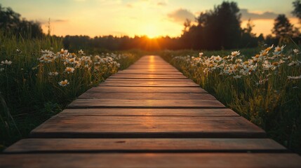 Fototapeta premium Serene Sunset Stroll Wooden Path Through Wildflowers