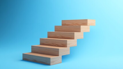 Wooden staircase ascending against a light blue background.