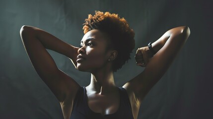 Thoughtful young woman looking away with hand on head while standing against black background