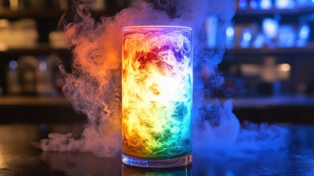 Mystic Rainbow Cocktail: A vibrant, smoky elixir in a glass, a captivating blend of colors and mystery.
