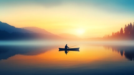 Serene sunrise over a calm lake with a lone fisherman in a boat amidst misty mountain