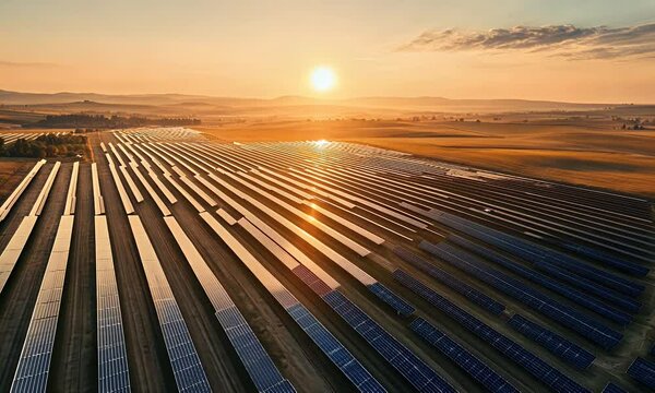Aerial view of solar panels in a vast landscape at sunset, emphasizing renewable energy.