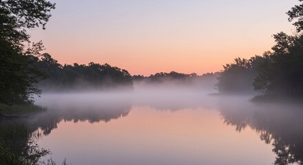 Tranquil misty lake at dawn with soft pastel sky and reflections in calm water