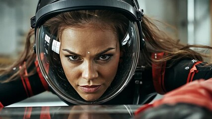 Intrepid Explorer: A determined female astronaut, clad in a high-tech spacesuit, stares intensely into the camera, conveying a spirit of adventure and scientific exploration.