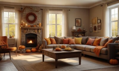 Cozy living room with Thanksgiving decorations, living room, decorations, cozy
