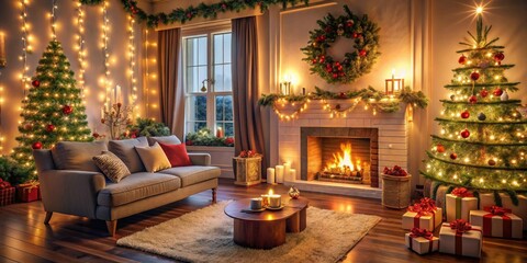 Obraz premium Cozy living room with Christmas decorations, twinkling lights, garlands and a fireplace, warm ambiance, holiday decor, christmas decor