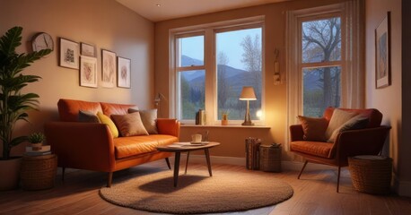 Cozy reading nook with warm lighting and comfortable furniture , home, yellow