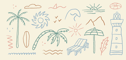 Groovy ink beach summer outline elements. Drawn palm tree and sunbed. Abstract minimal sea and sun in trendy retro naive simple style.