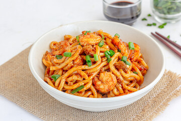 Garlic Shrimp Stir-Fried Japanese Udon Noodles in the Bowls, Low Angle Close Up Photo