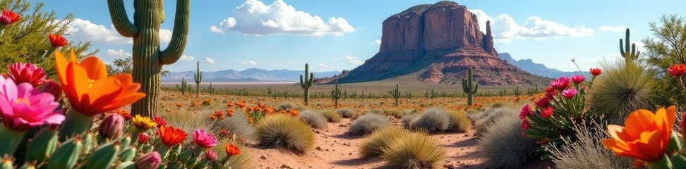 Desert blooms in the shadow of a giant rock formation, Texas desert, cactus flowers, desert blooms
